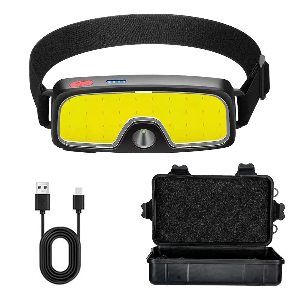 lampe frontale rechargeable led noir jaune usb camping pêche randonnée ceinture ajustable modérne pratique