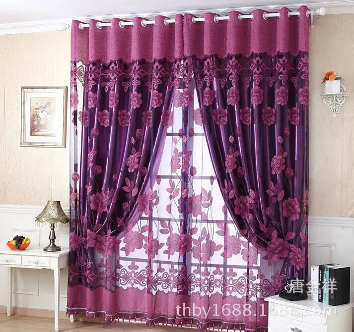 rideaux polonais floral translucides rose violet marron brodés chanvre romantiques salon chambre
