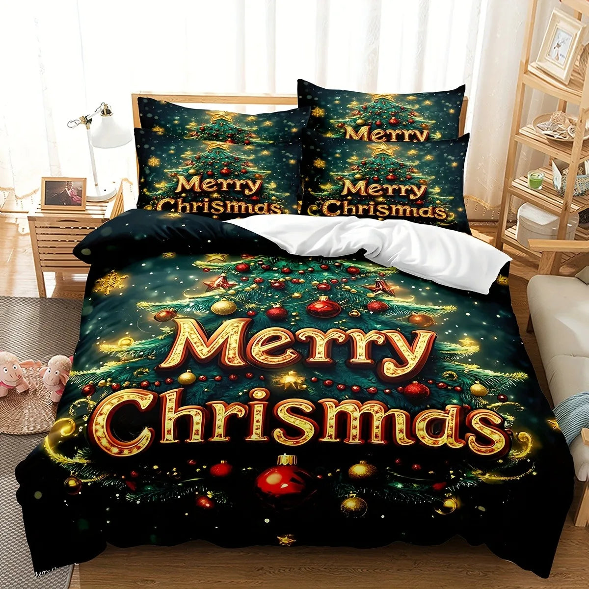 ensemble literie noël arbre noël boules étoiles merry christmas polyester brossé vert foncé rouge