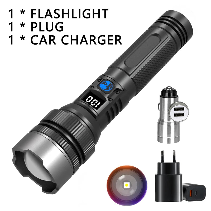 lampe poche led rechargeable zoom écran numérique 15w 100mètres noir texturé moderne