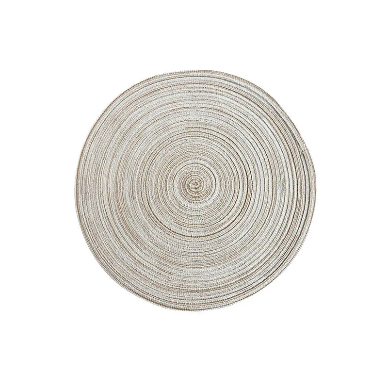 serviette table ronde coton tissé moderne motif rayures concentriques beige