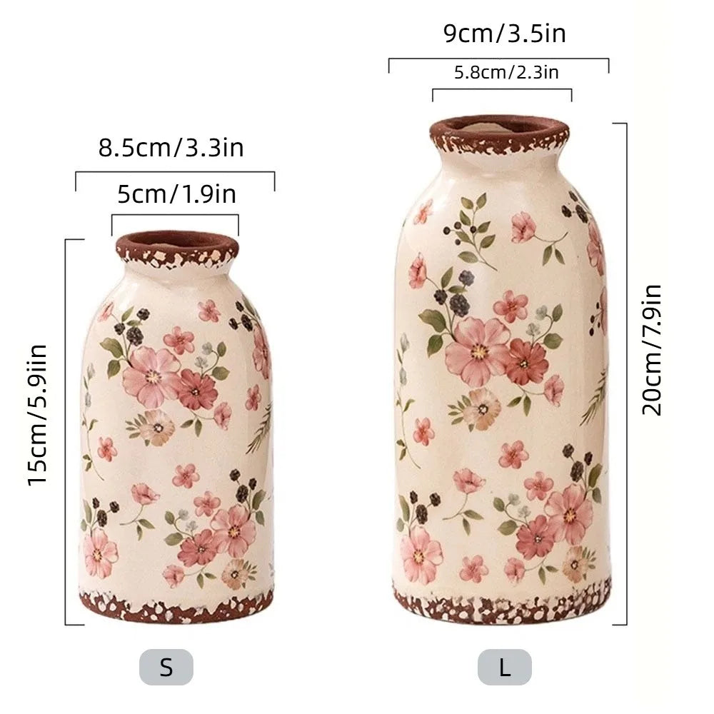 vase vintage floral poterie opaque couleur beige vert rose brun