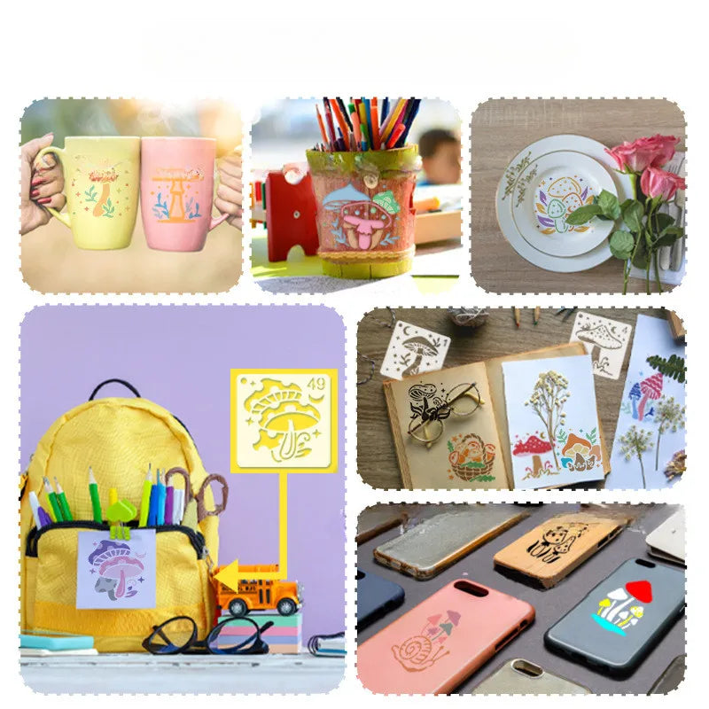 stencils pochoirs peinture tissu artisanat dessin motifs floraux champignons lunes étoiles