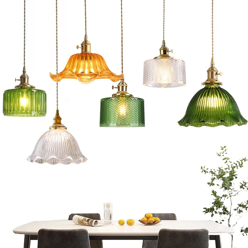 luminaire suspension vintage verre vert doré rayures verticales rétro suspension salon salle manger
