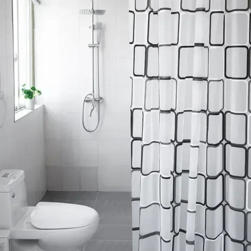 rideau douche géométrique semi transparent blanc noir gris moderne minimaliste métallique respectueux environnement