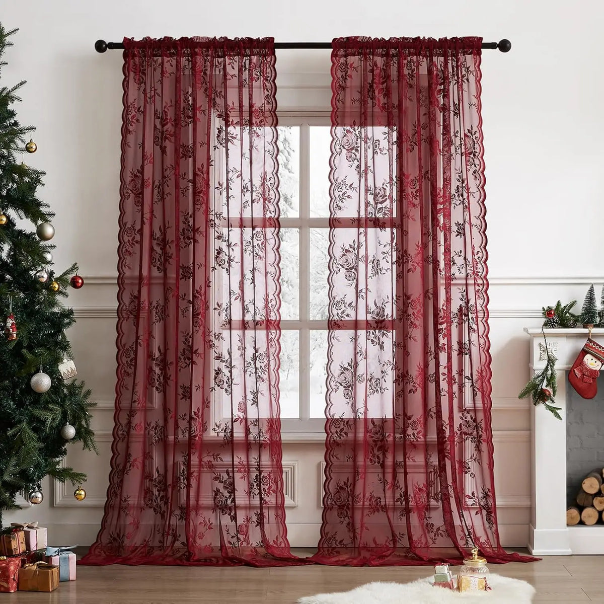 rideaux floral roses translucides décoration noël tringle salon
