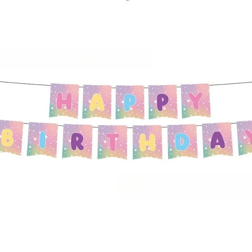 assiettes papier multicolore gobelets serviettes guirlande étoiles blanches fond irisé festif 9inch plates paper