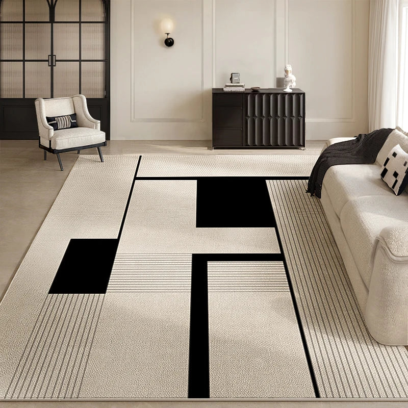 tapis géométrique moderne beige noir chambre salon simple minimaliste polyester loop pile MACHINE WASCHBAR