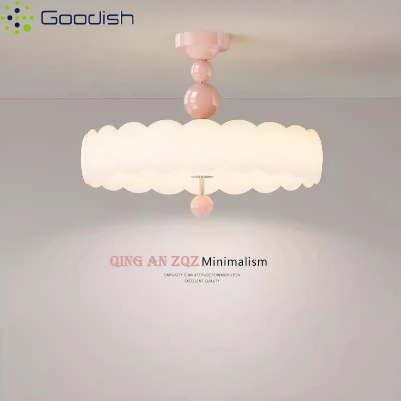lampe suspendue moderne minimaliste fer acrylique blanc rose pâle texture nuage brillante télécommande led