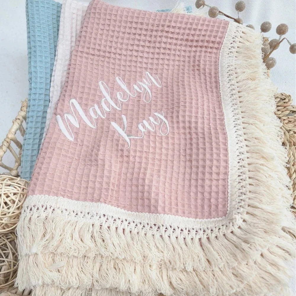 couverture acrylique coton bambou brodée franges rectangulaire enfant printemps automne moderne doucewasherhandpinkbeigeclair