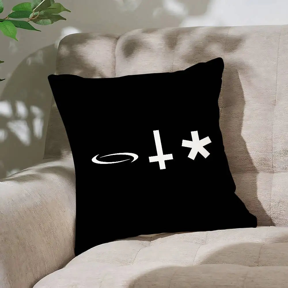 taie d'oreiller polyester motif géométrique moderne coussin carré noir symboles blancs étoile croix spirale