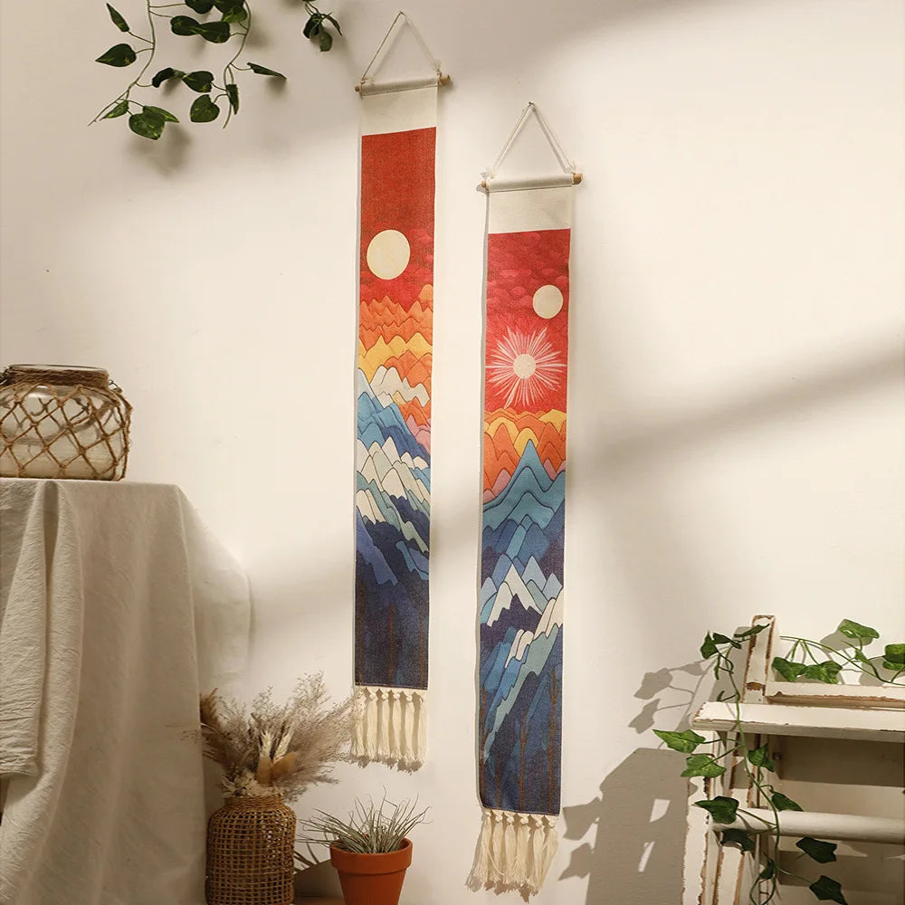 tenture murale bohème paysage montagnes soliel coton orange rouge bleu beige blanc minimaliste