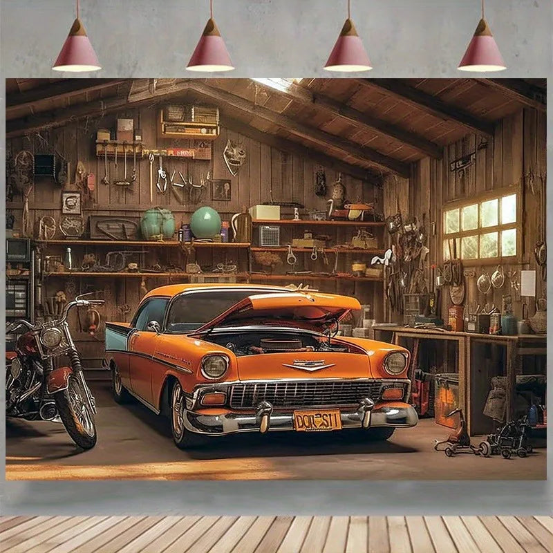 décoration murale poster voiture vintage garage outils orange noir blanc moderne