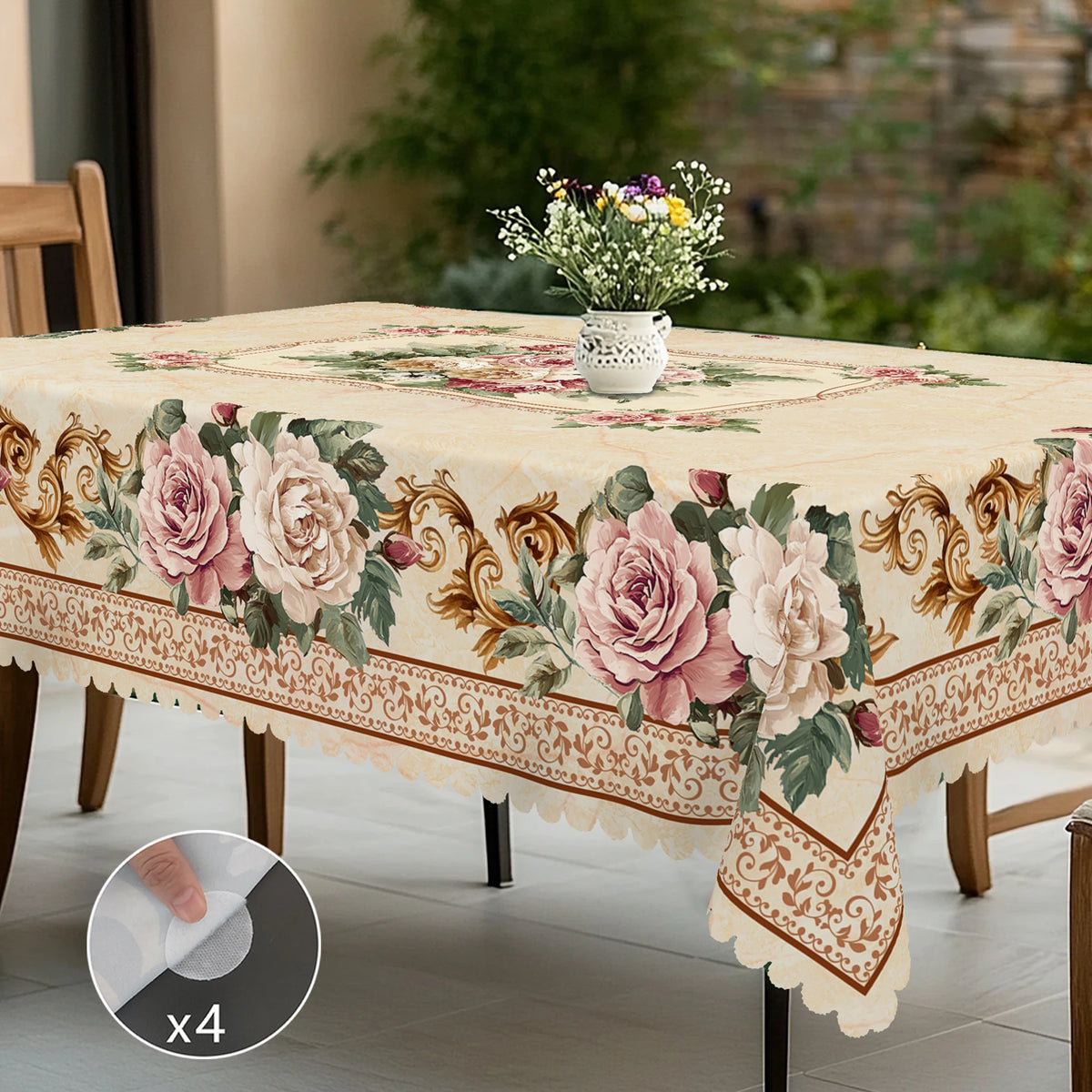 nappe table imperméable fleur rose feuilles classique beige marron dentelle adhésive mariageextérieur