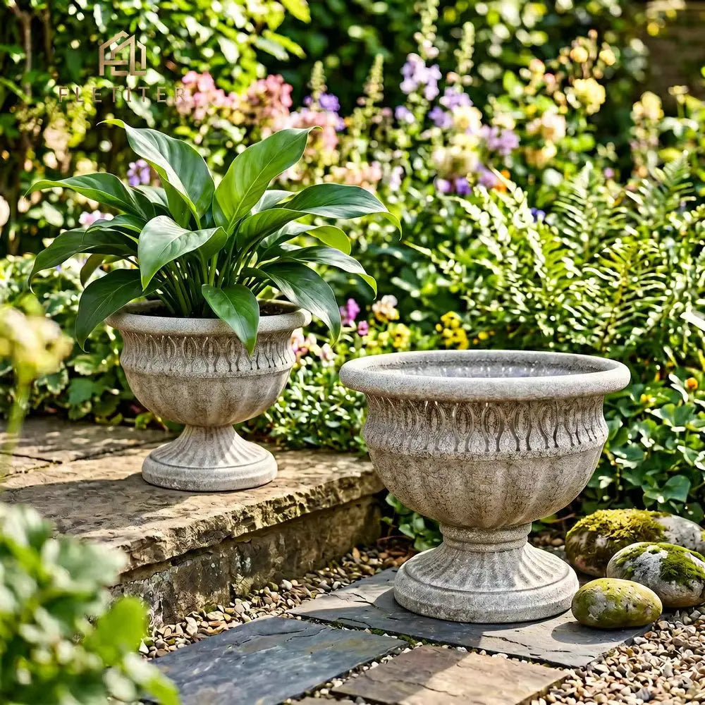 pot fleurs vintage rustique ouverture large classique gris ardoise plante verte decor jardin balconextérieur