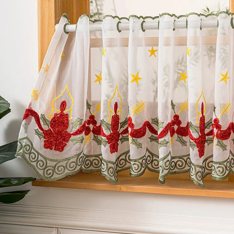 rideau floral transparent polyester motifs géométriques blanc orange vert rouge
