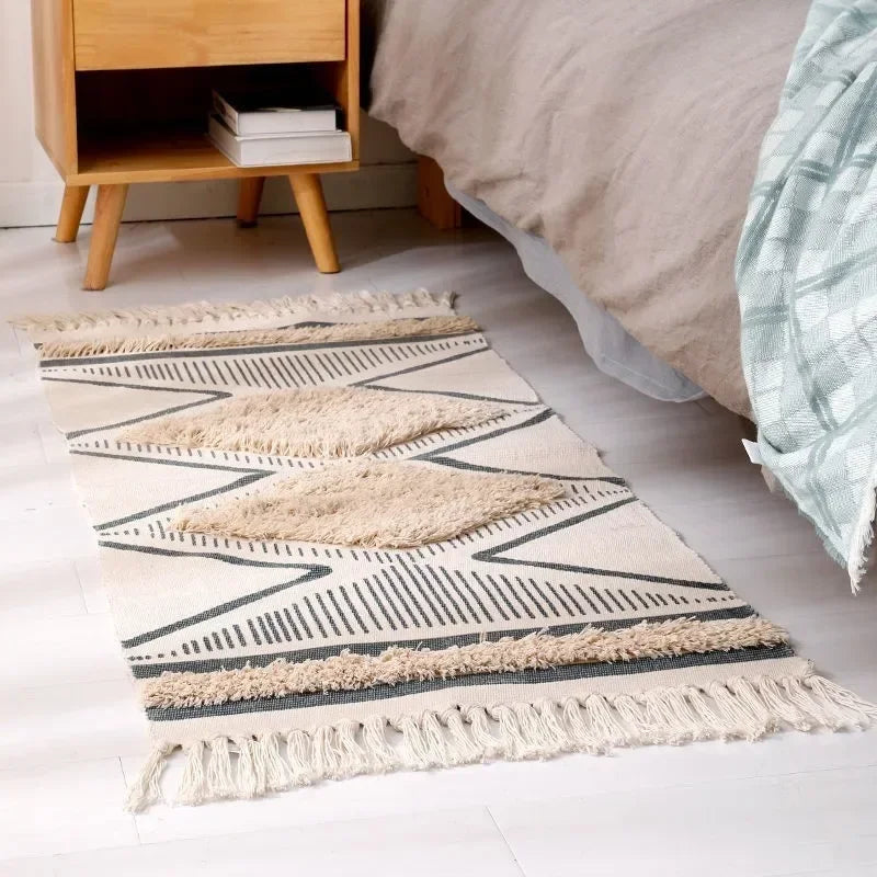 tapis boho chic motifs géométriques beige noir sol antidérapant salon chambre coucher