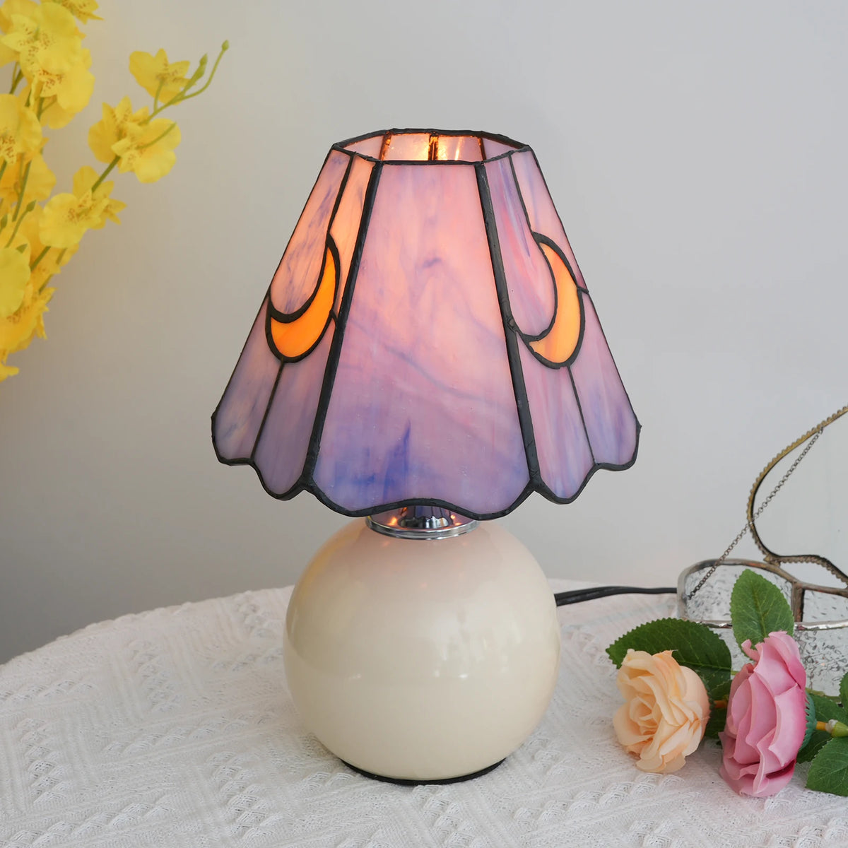 lampe table moderne céramique motif lunes jaunes opacité vitrail e26 blanc chambre salon