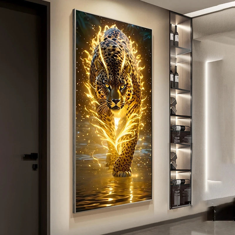 tableau decoratif moderne leopard eau flammes dorées cadre noir jaune doré chambre salle manger