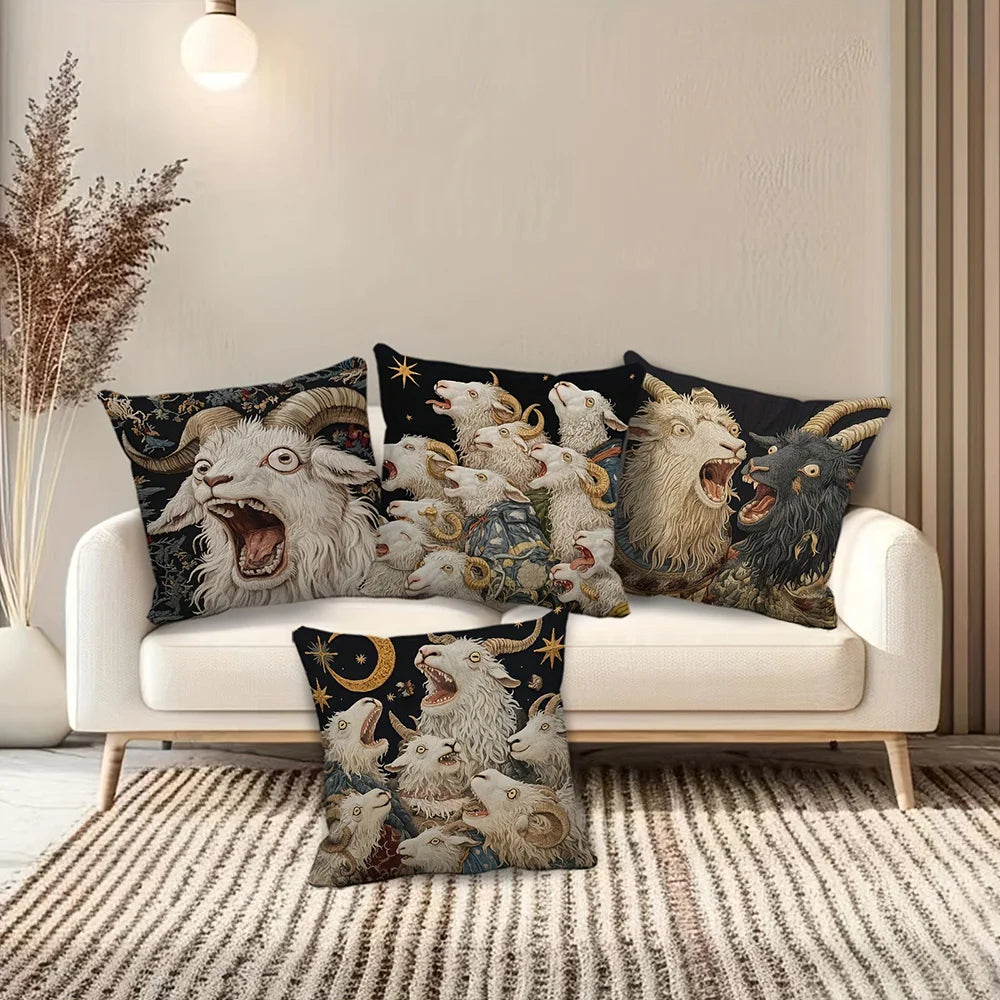 taies d'oreiller vintage motif chèvres noir blanc gris polyester peachskin 45x45cm décoration maison hospitalière