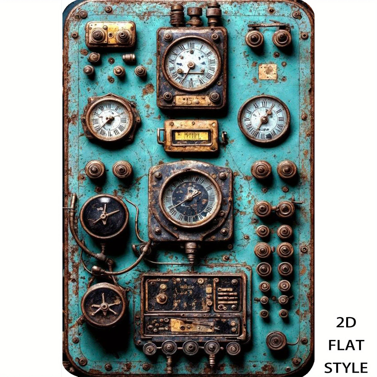 panneau contrôle vintage steampunk bleu vert doré métal vieilli émail noir