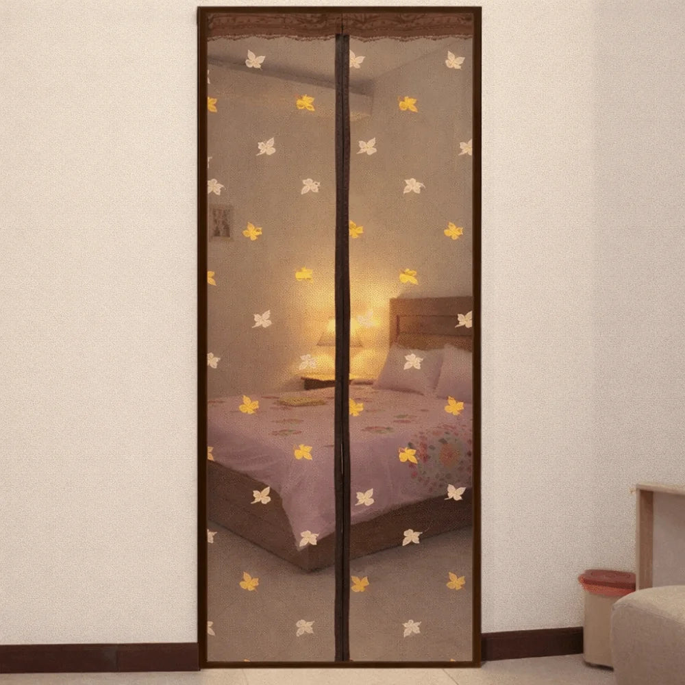 rideau porte moderne gris translucide fleurs dorées motifs géométriques bien ventilé anti insectes