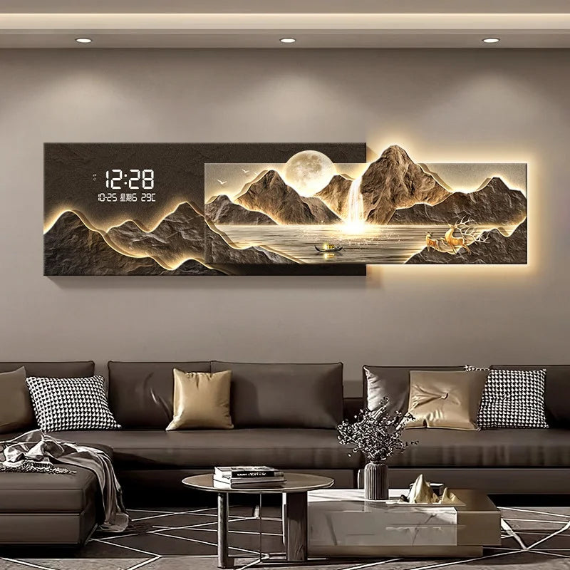 décoration murale lumineuse paysage montagneux cascade horloge digitale animaux moderne zen
