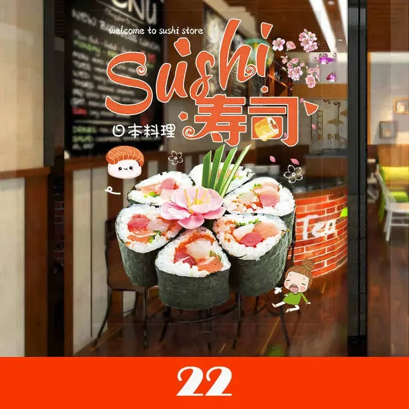 autocollant mural décoration restaurant sushi japonais assortiment sushis saumon thon avocat mur vitrine 50x70cm