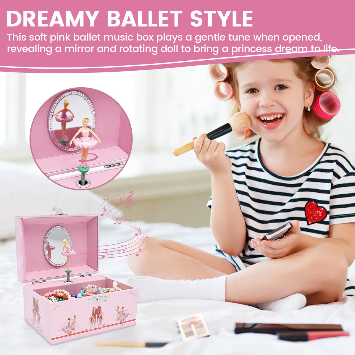 boîte bijoux musicale danseuses ballet miroir poupée rotative bracelets colliers rose clair motifs floraux