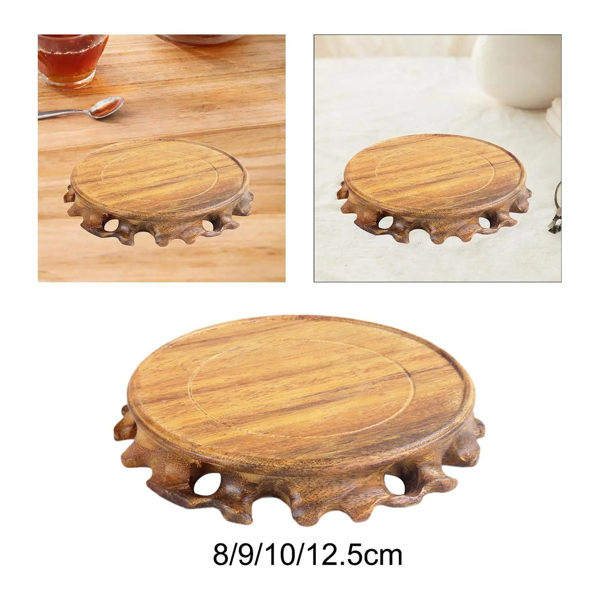 support circulaire bois marron clair traditionnel décoration vase pot stand naturel grain bois stable