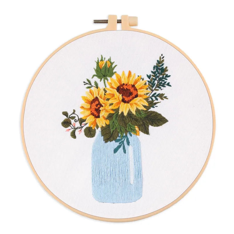 broderie fleur artisanale kit diy tissu coton couleurs vives instructions françaises anneaux bois