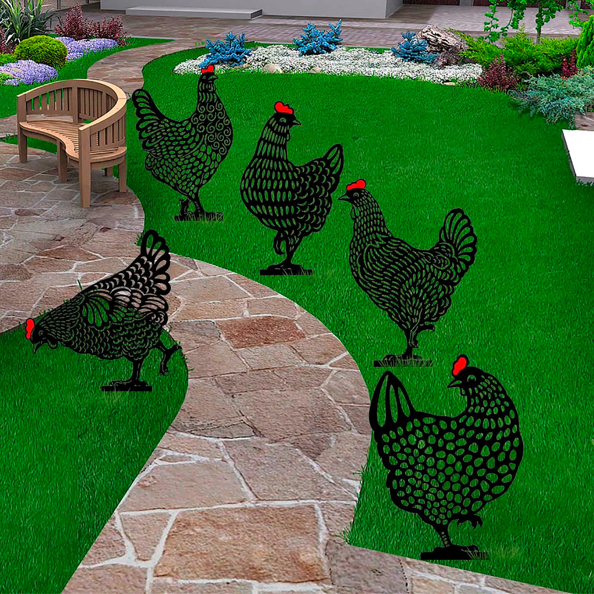 ornement jardin sculpture poule noire points blancs artisanal piquet métallique extérieur décoration