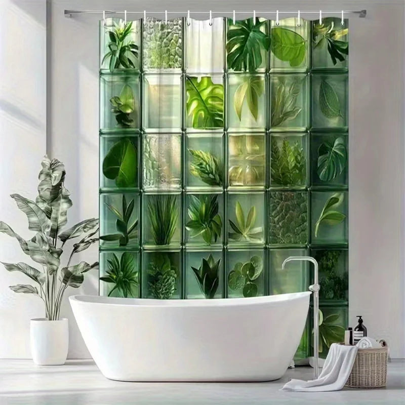 rideau douche moderne composition feuilles vertes polyester opaque crochets 71x180cm