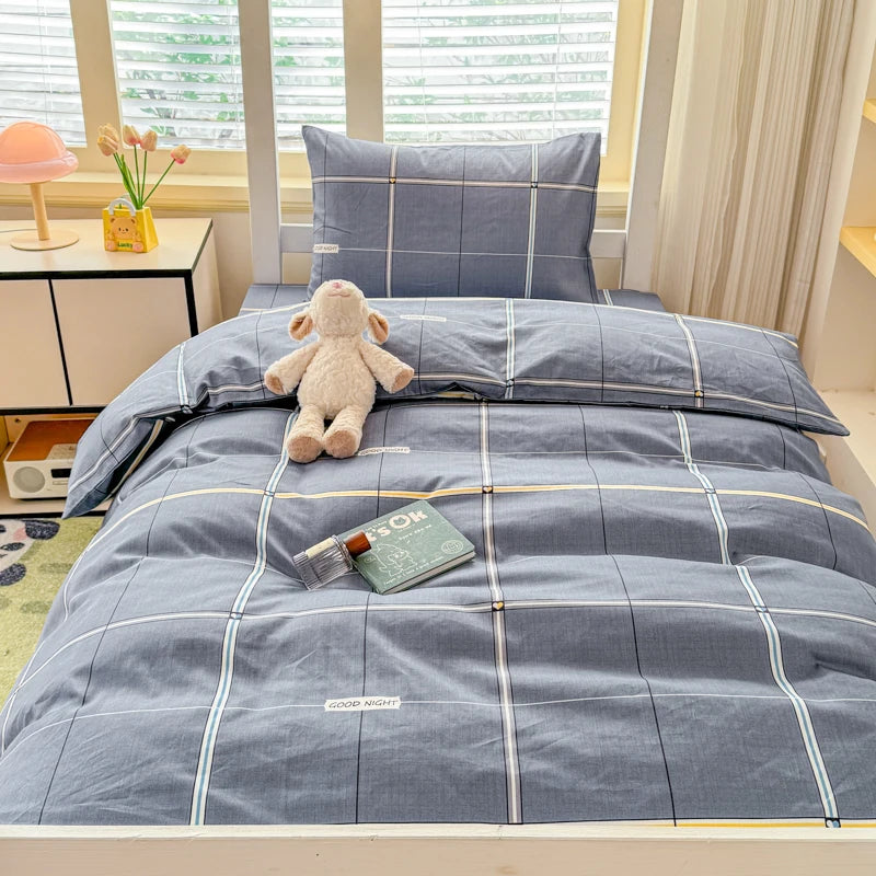 ensemble literie coton plaids carreaux bleu gris jaune blanc moderne enfantin attache ruban couverture