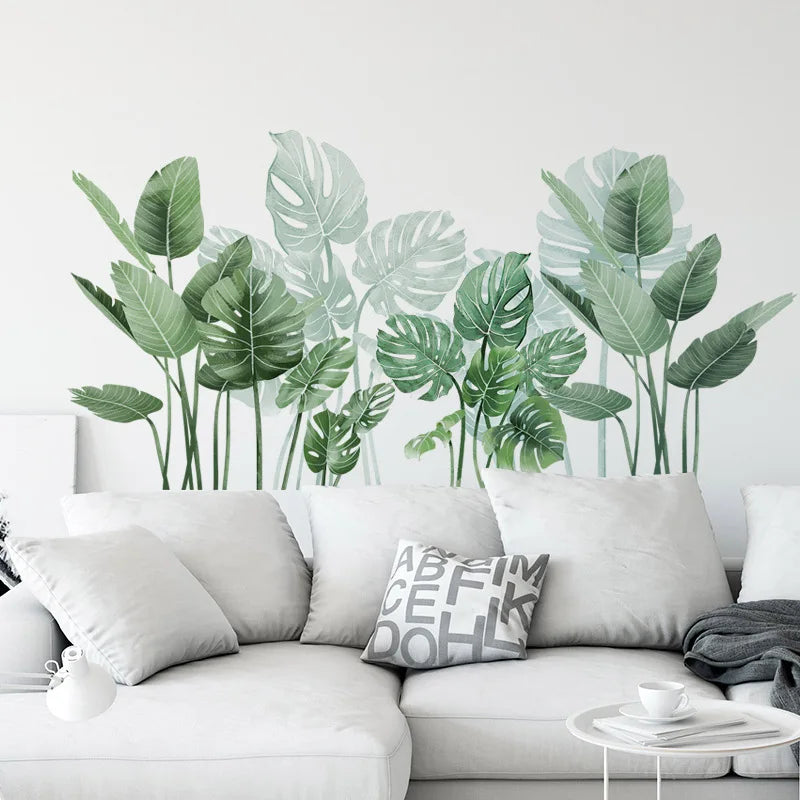 sticker mural moderne feuilles tropicales autocollant adhésif chambre verte blanc