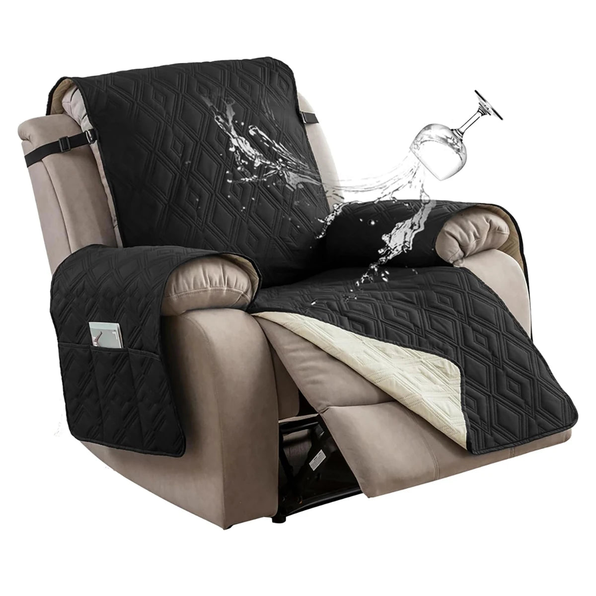 housse fauteuil inclinable motif géométrique gris beige moderne quilté poche rangement ceinture fixations