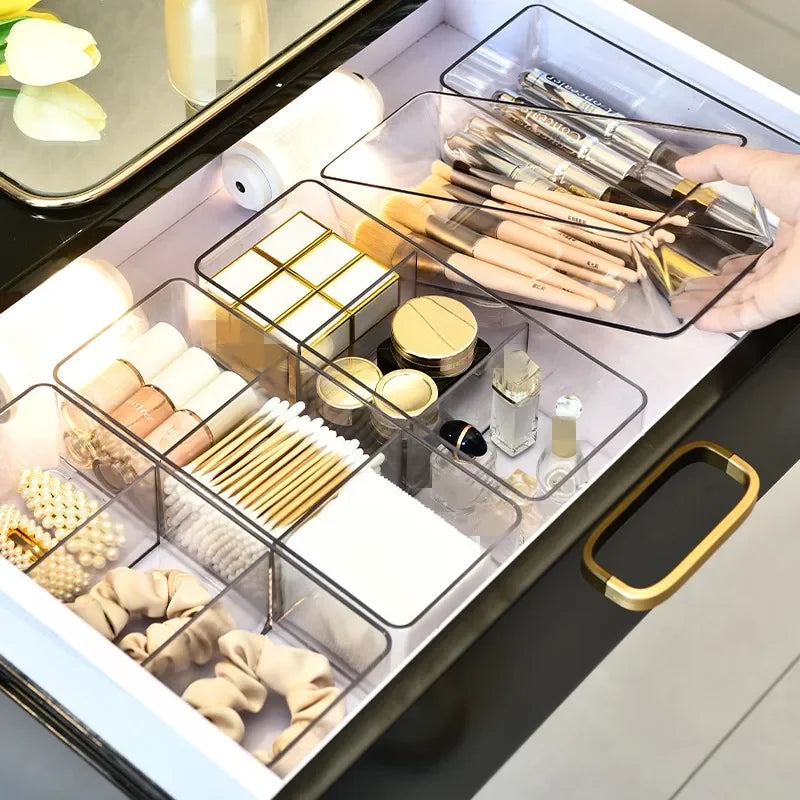 boîte rangement cosmétiques transparent moderne compartiments pinceaux maquillage bouteilles parfum boites poudre fond teint