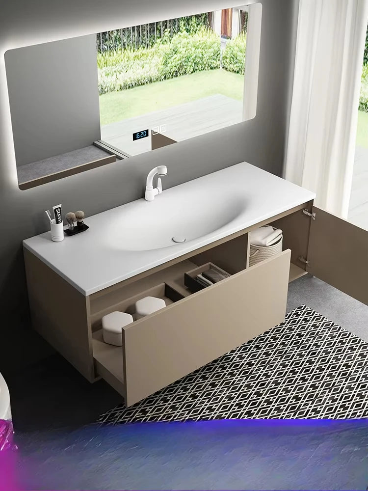 meuble salle bain beige blanc moderne miroir tiroirs tablette rangement fixations murales