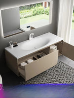 meuble salle bain beige blanc moderne miroir tiroirs tablette rangement fixations murales