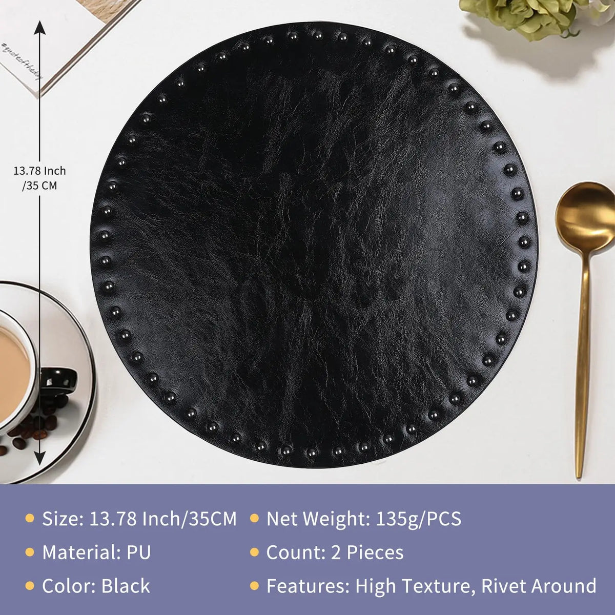 placemat moderne rond noir texture élevée rivets résistant chaleur lavable 35cm antiégratignures