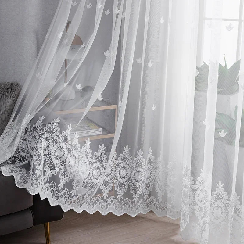 rideau brodé floral transparent classique blanc fenêtre 100cm large jusqu'à 2m haut