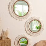 miroir mural bohème tressé franges blanches corde beige clair chambre salon decoration