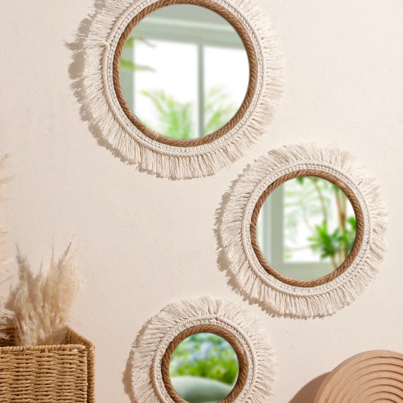 miroir mural bohème tressé franges blanches corde beige clair chambre salon decoration