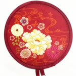 éventail pliant traditionnel japonais motif floral chaîne métallique bleu rose violet rouge blanc