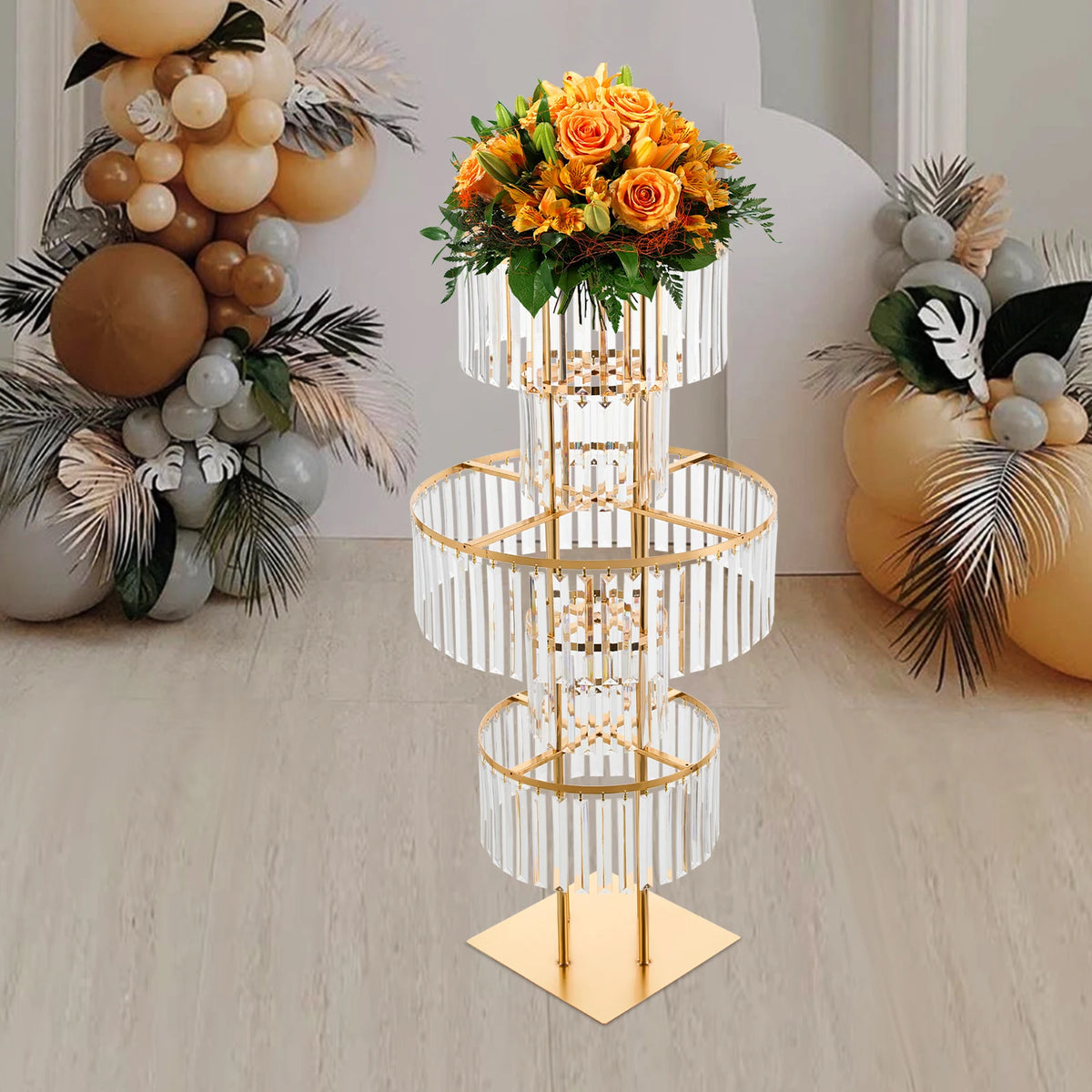 support fleurs moderne or rondelles transparentes décoration table mariage anniversaire pieds