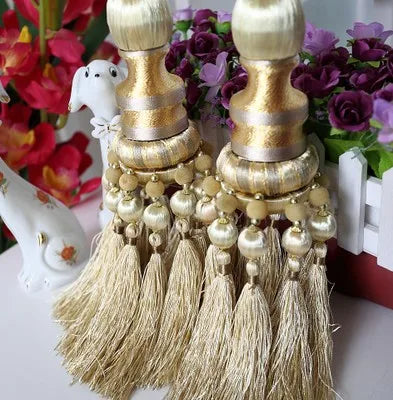 pompons rideau élégants franges couleurs bleu noir doré rayures polyester decoration maison