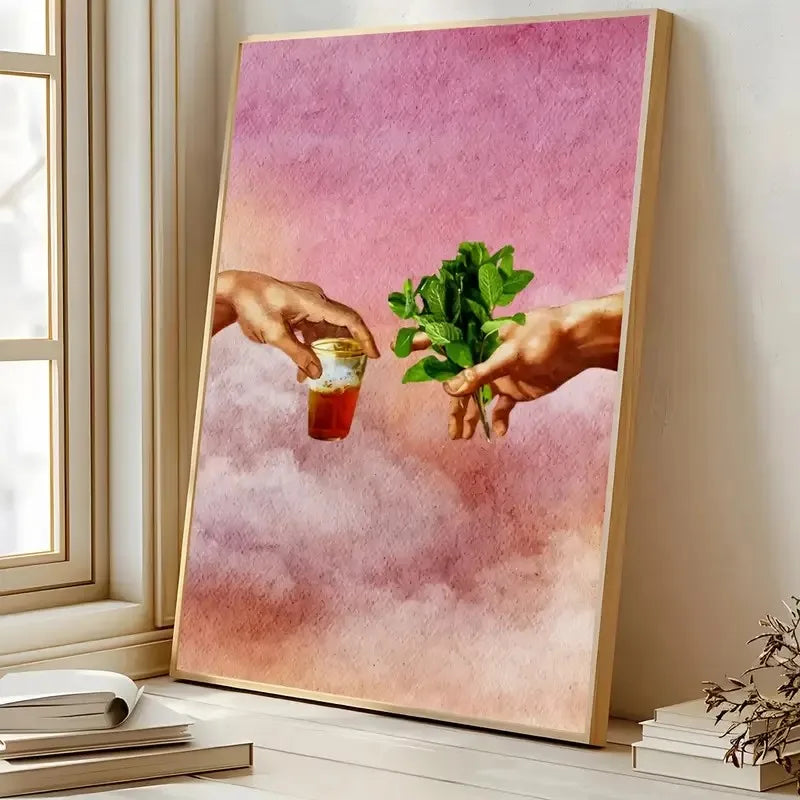 toile abstraite nuages moderne rose beige cadre bois décoration intérieure impression haute qualité digital