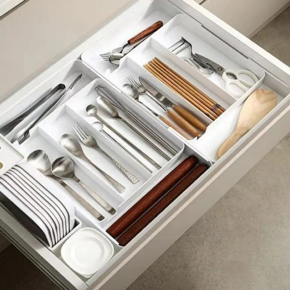 organisateur tiroir modulaire blanc rangement ustensiles cuisine minimaliste boîte papeterie rétractable conteneurs multifonctionnels