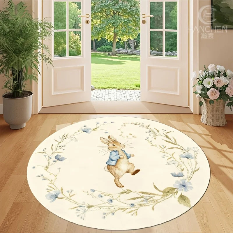 tapis fleuri lapin polyester antidérapant confortable intérieur extérieur beige bleu vert