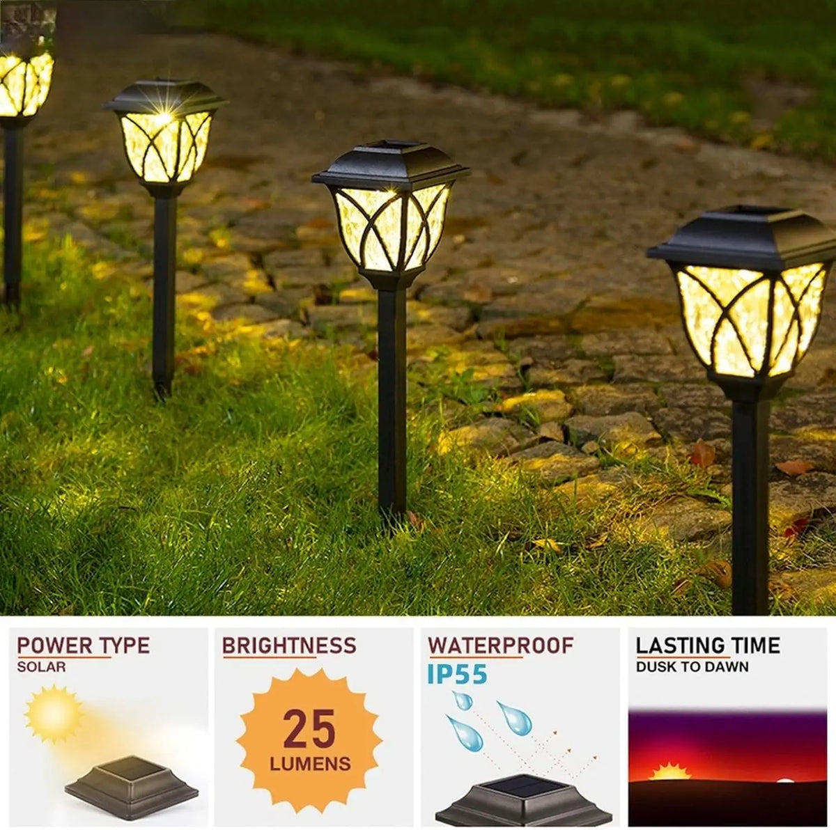 lampes solaires extérieures classiques motifs géométriques noir jaune éclairage gazon vintage autonomes